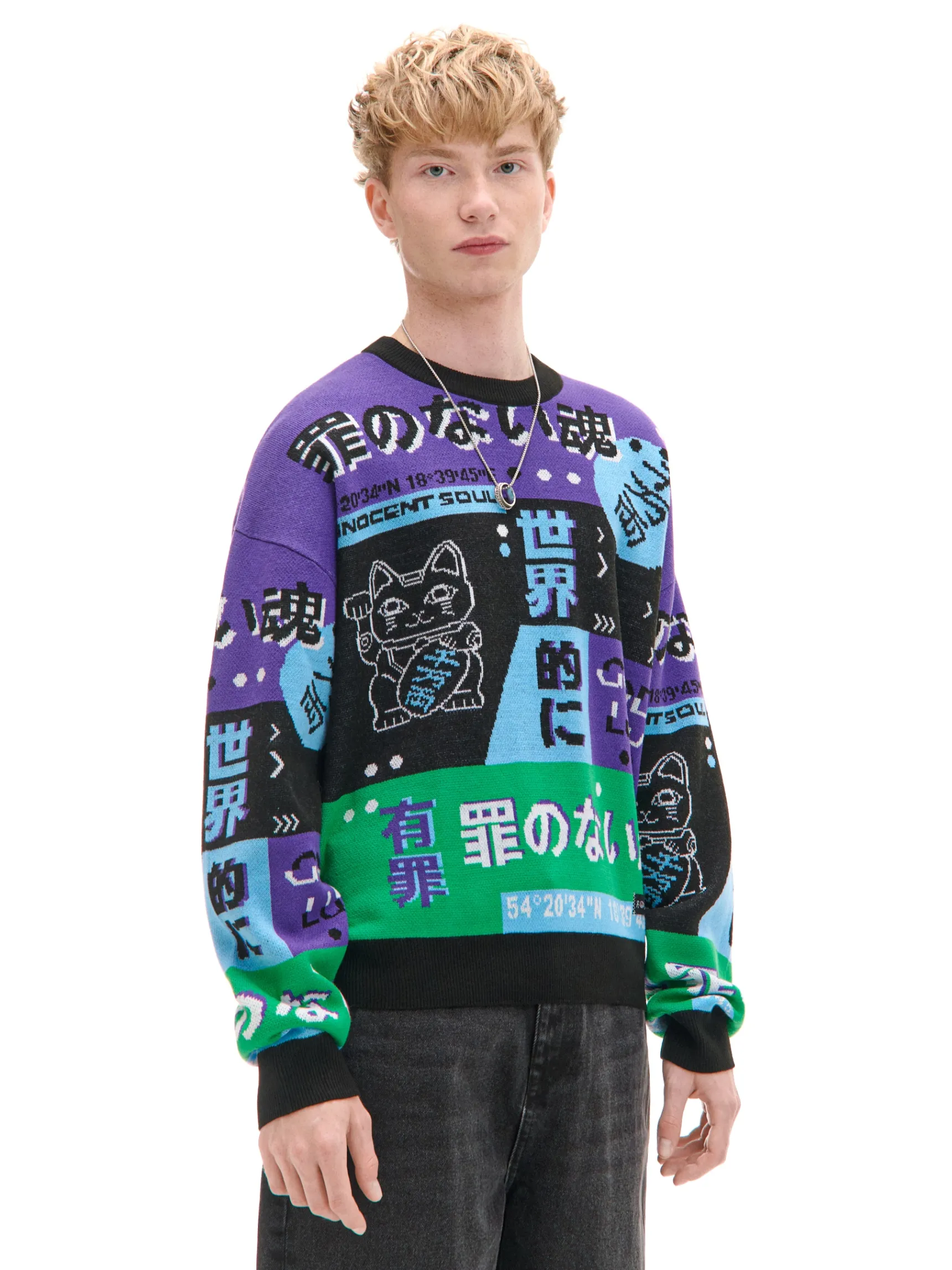 Hot Cropp Żakardowy sweter z chińskimi symbolami fioletowy