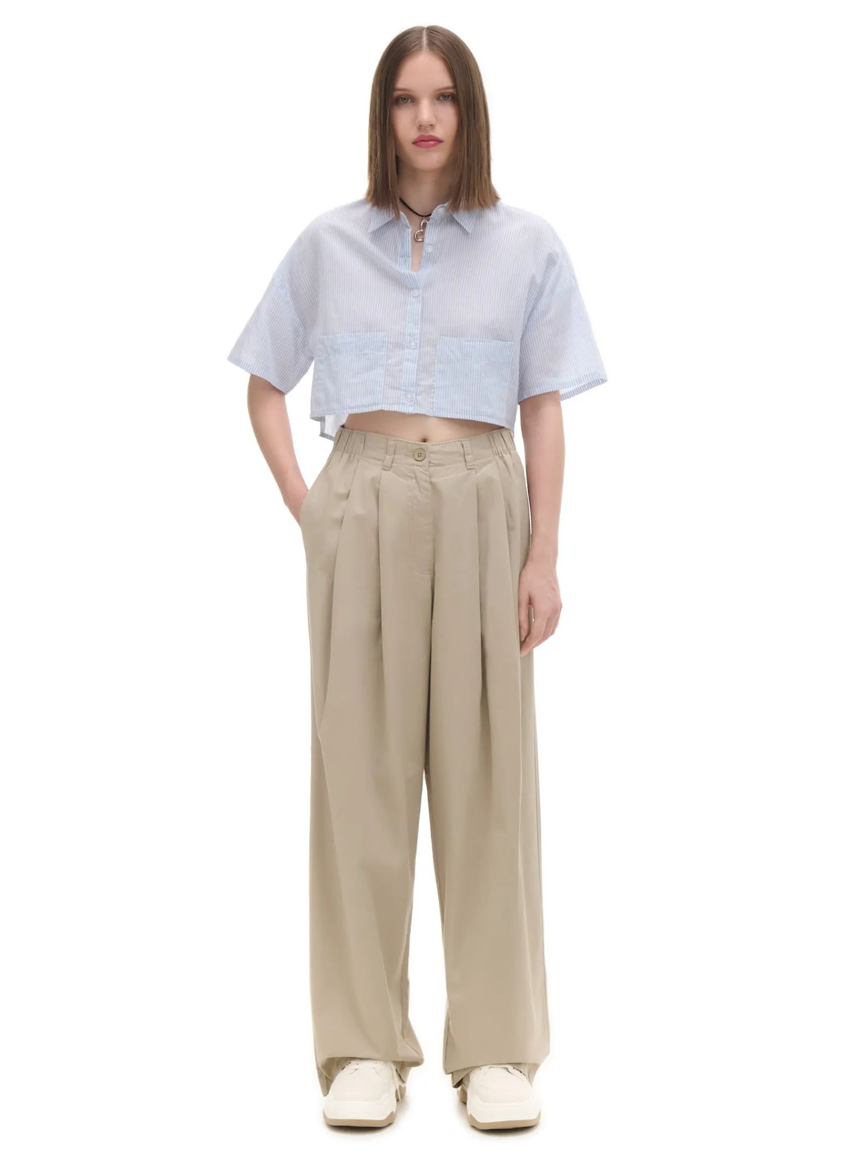 Hot Cropp Beżowe spodnie wide leg beżowy