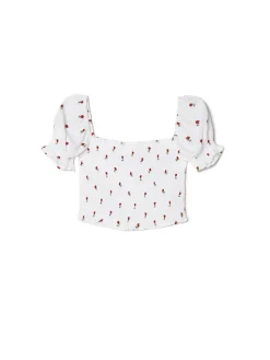 Best Cropp Biała bluzka crop top w kwiaty biały
