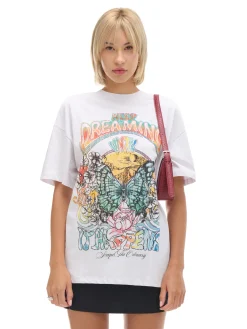 Discount Cropp Biała koszulka z kolorowym nadrukiem UNISEX jasnyszary