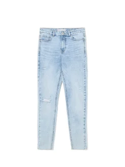 Best Cropp Błękitne jeansy skinny z przetarciami błękitny