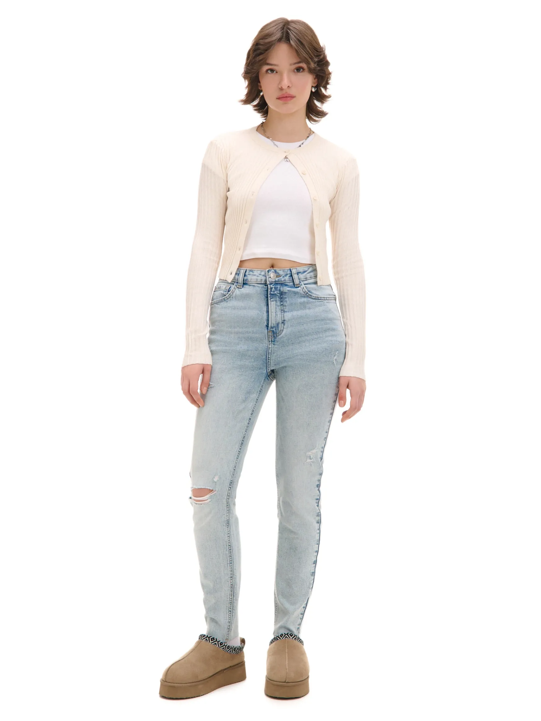 Best Cropp Błękitne jeansy skinny z przetarciami błękitny