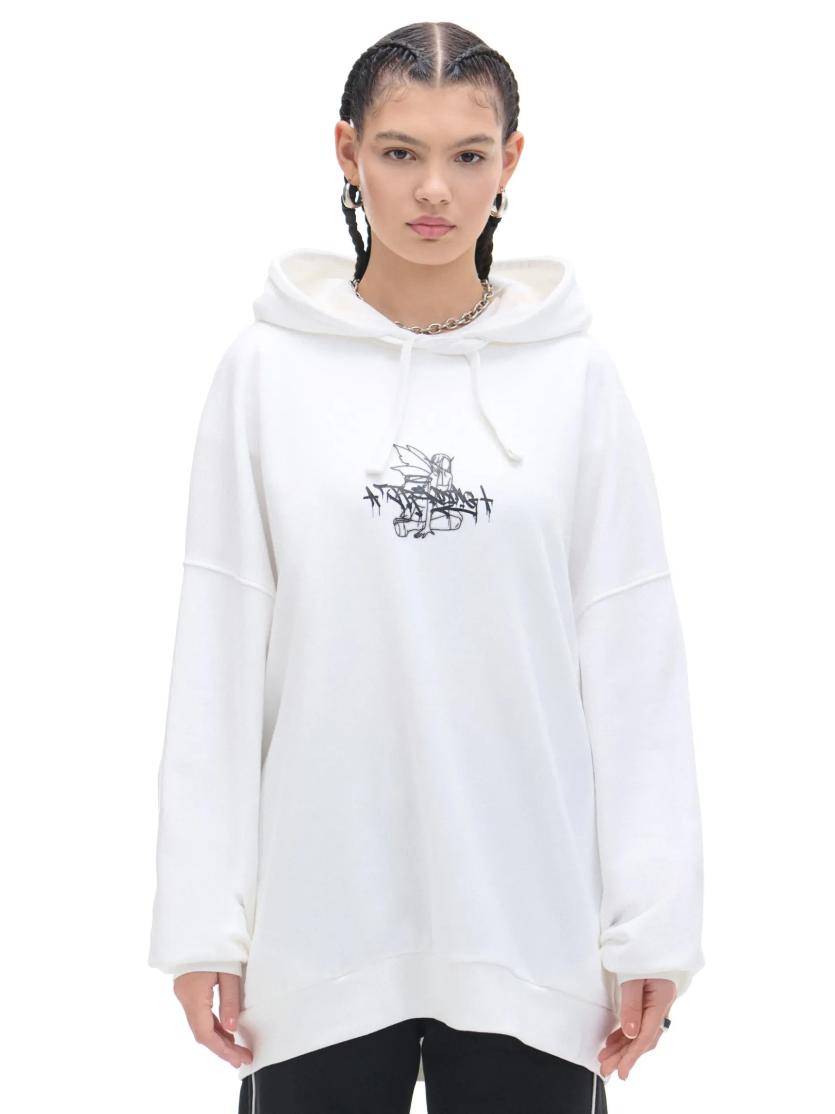 Sale Cropp Bluza hoodie oversize z nadrukiem biały