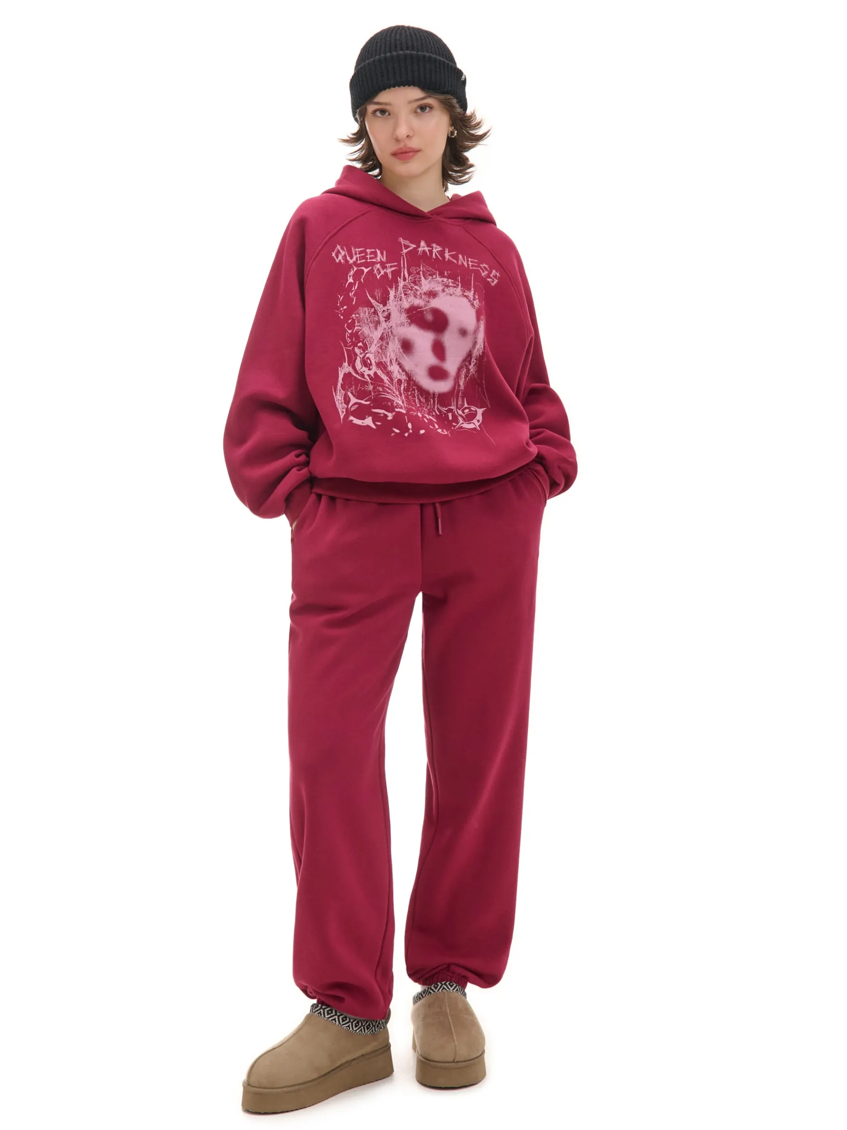 Outlet Cropp Bordowa bluza z kapturem i nadrukiem kasztanowy