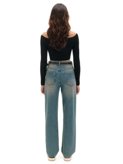 Clearance Cropp Ciemnoe jeansy straight z efektem sprania niebieski