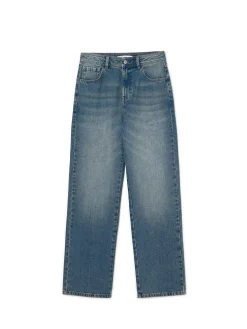 Clearance Cropp Ciemnoe jeansy straight z efektem sprania niebieski