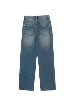 Clearance Cropp Ciemnoe jeansy straight z efektem sprania niebieski
