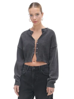 Sale Cropp Ciemno kardigan z agrafkami szary