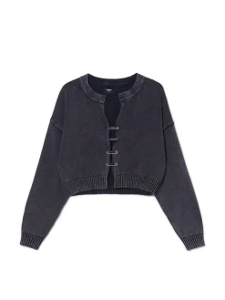 Sale Cropp Ciemno kardigan z agrafkami szary