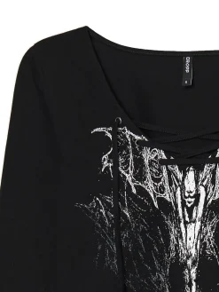 Discount Cropp Czarna bluzka z wiązaniem i nadrukiem czarny