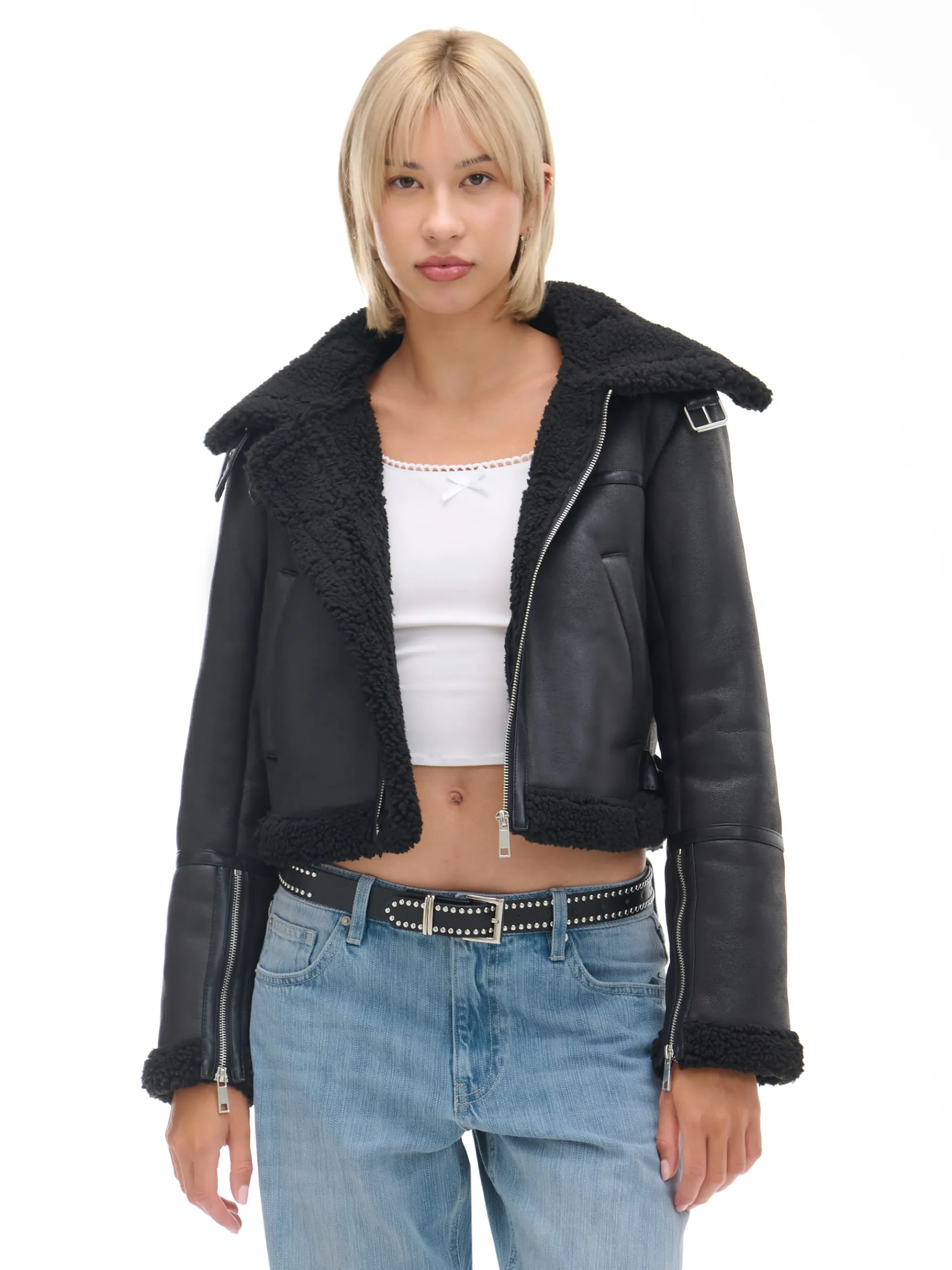 New Cropp Czarna kurtka biker z kożuchem czarny