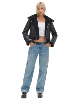New Cropp Czarna kurtka biker z kożuchem czarny