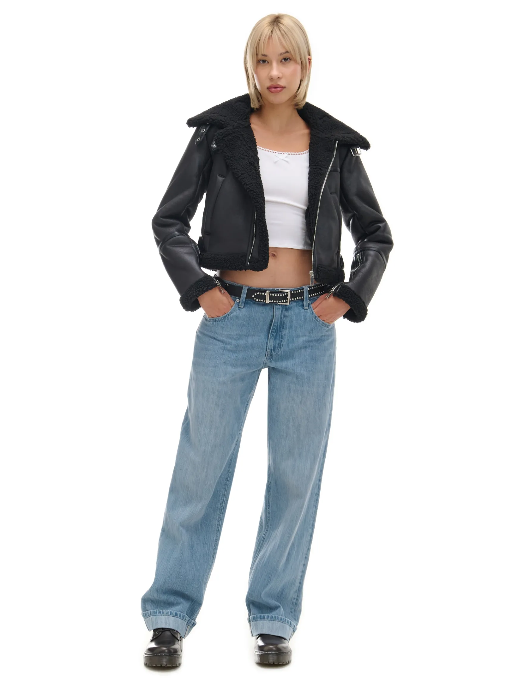 New Cropp Czarna kurtka biker z kożuchem czarny