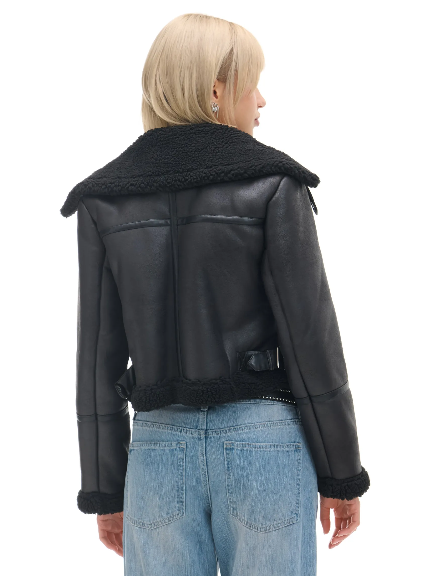 New Cropp Czarna kurtka biker z kożuchem czarny