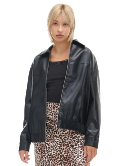 Online Cropp Czarna kurtka bomber ze sztucznej skóry czarny