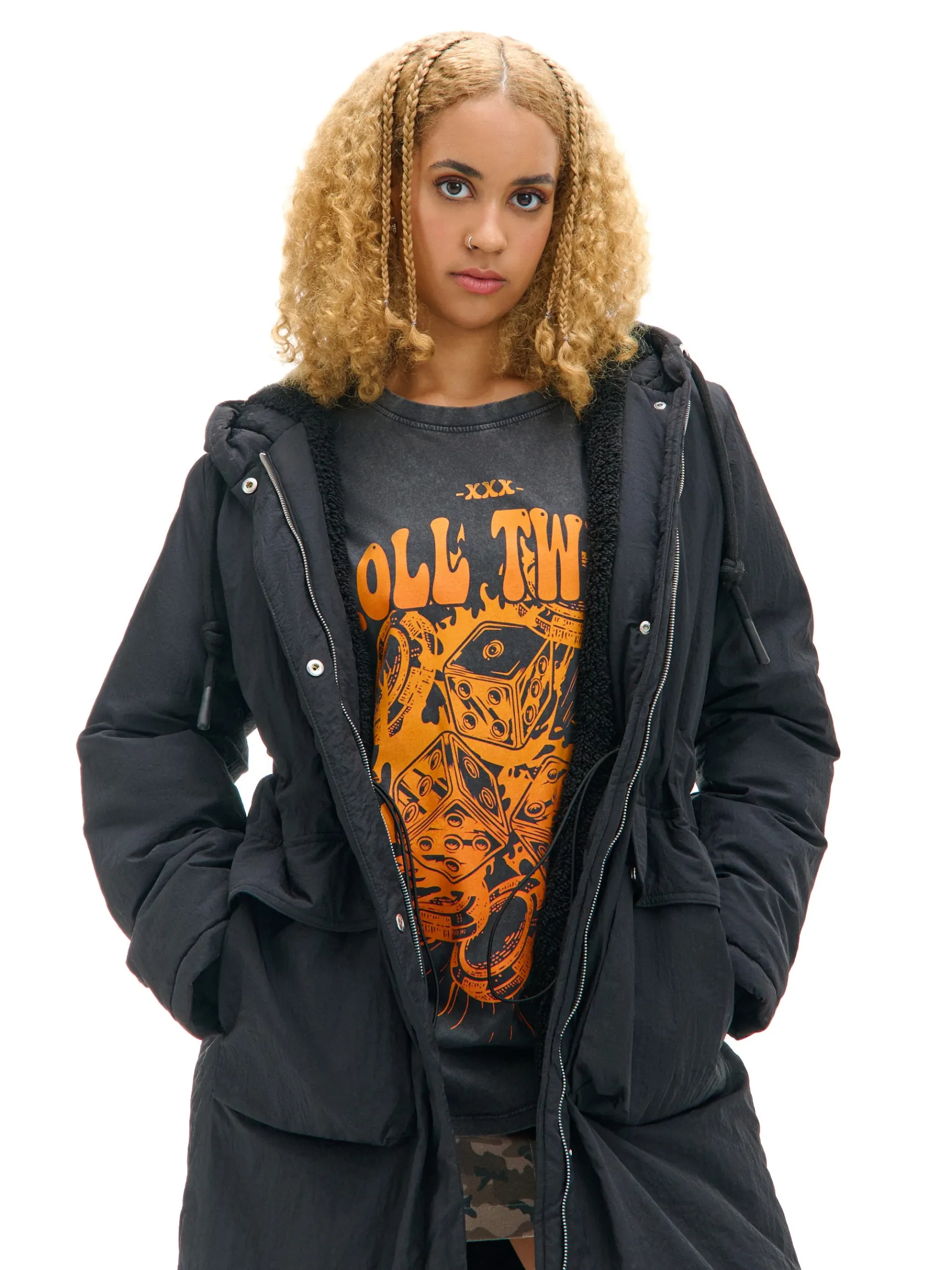 Sale Cropp Czarna parka z kapturem czarny