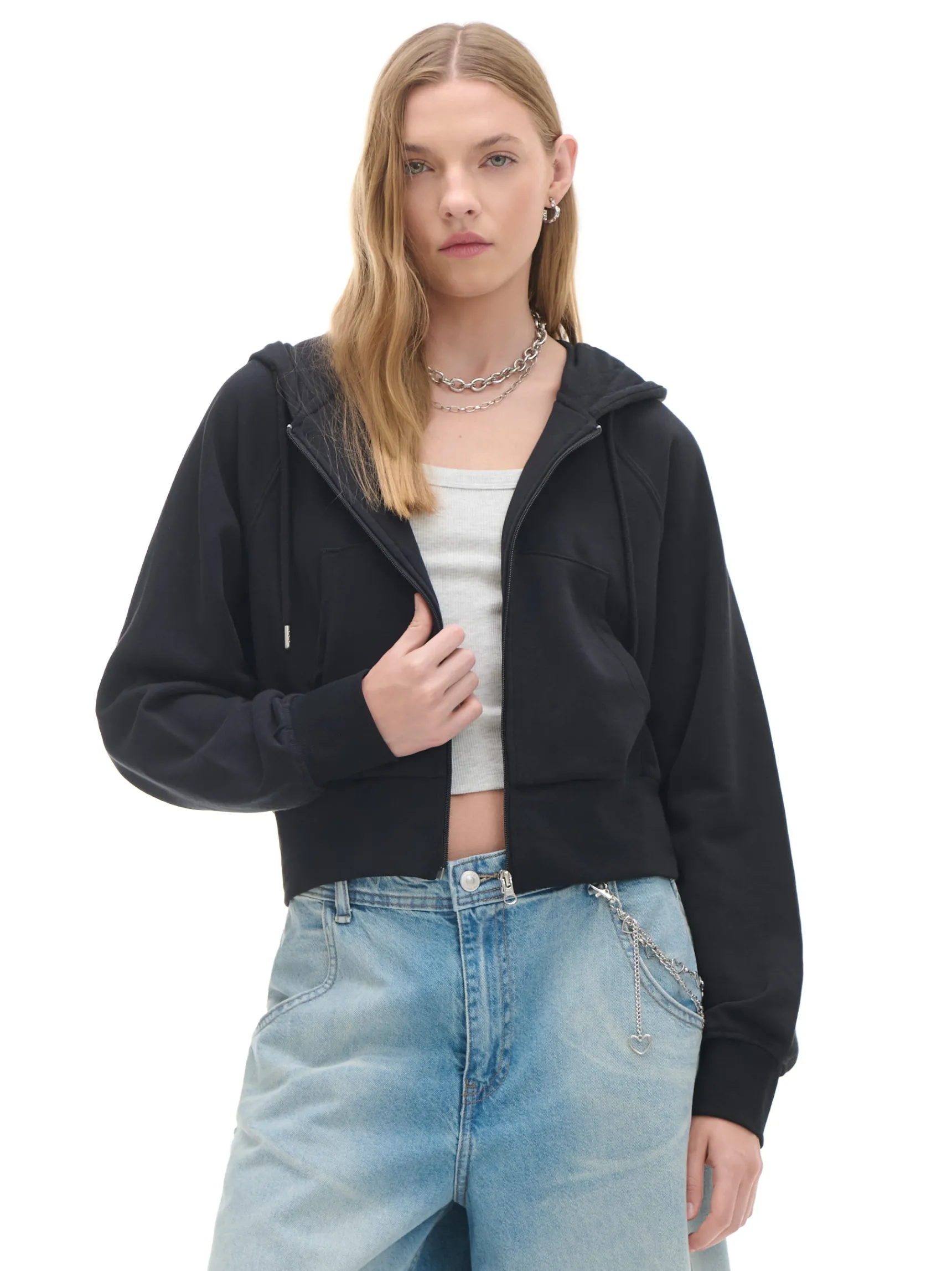 Online Cropp Czarna rozpinana bluza kapturem czarny