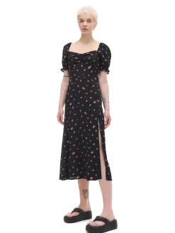 Sale Cropp Czarna sukienka midi w kwiaty czarny