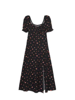 Sale Cropp Czarna sukienka midi w kwiaty czarny