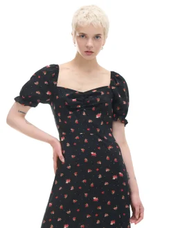 Sale Cropp Czarna sukienka midi w kwiaty czarny