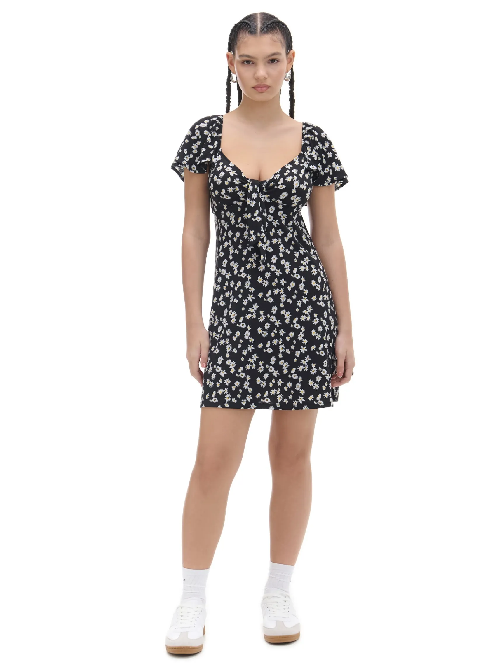 Outlet Cropp Czarna sukienka mini w stokrotki biały