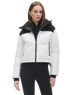Hot Cropp Czarno-biała kurtka puffer z kapturem biały