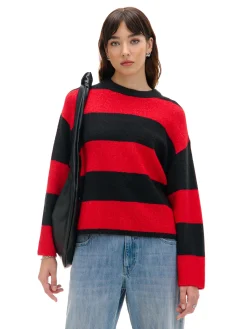 New Cropp Czarno- sweter w paski czerwony