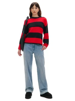 New Cropp Czarno- sweter w paski czerwony