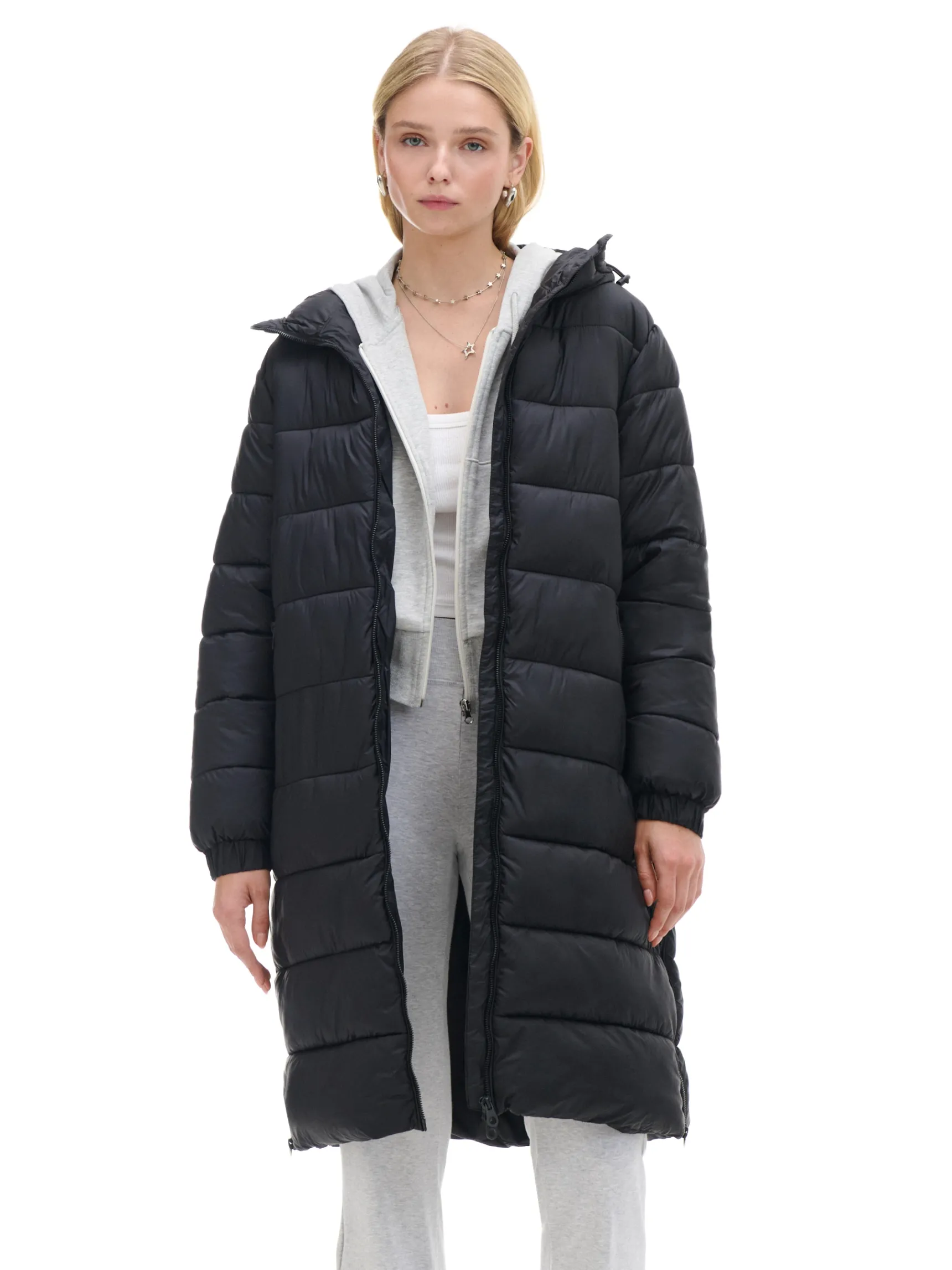 Clearance Cropp płaszcz puffer z kapturem czarny