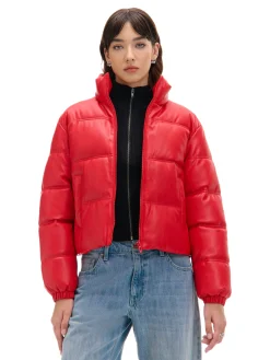 Best Cropp Czerwona kurtka puffer z efektem skóry czerwony