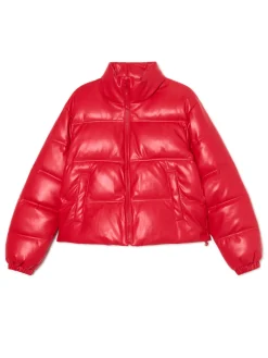Best Cropp Czerwona kurtka puffer z efektem skóry czerwony