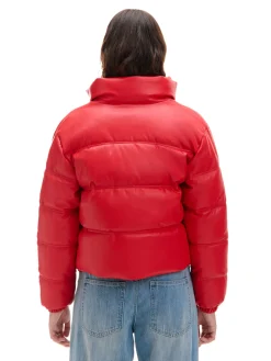 Best Cropp Czerwona kurtka puffer z efektem skóry czerwony