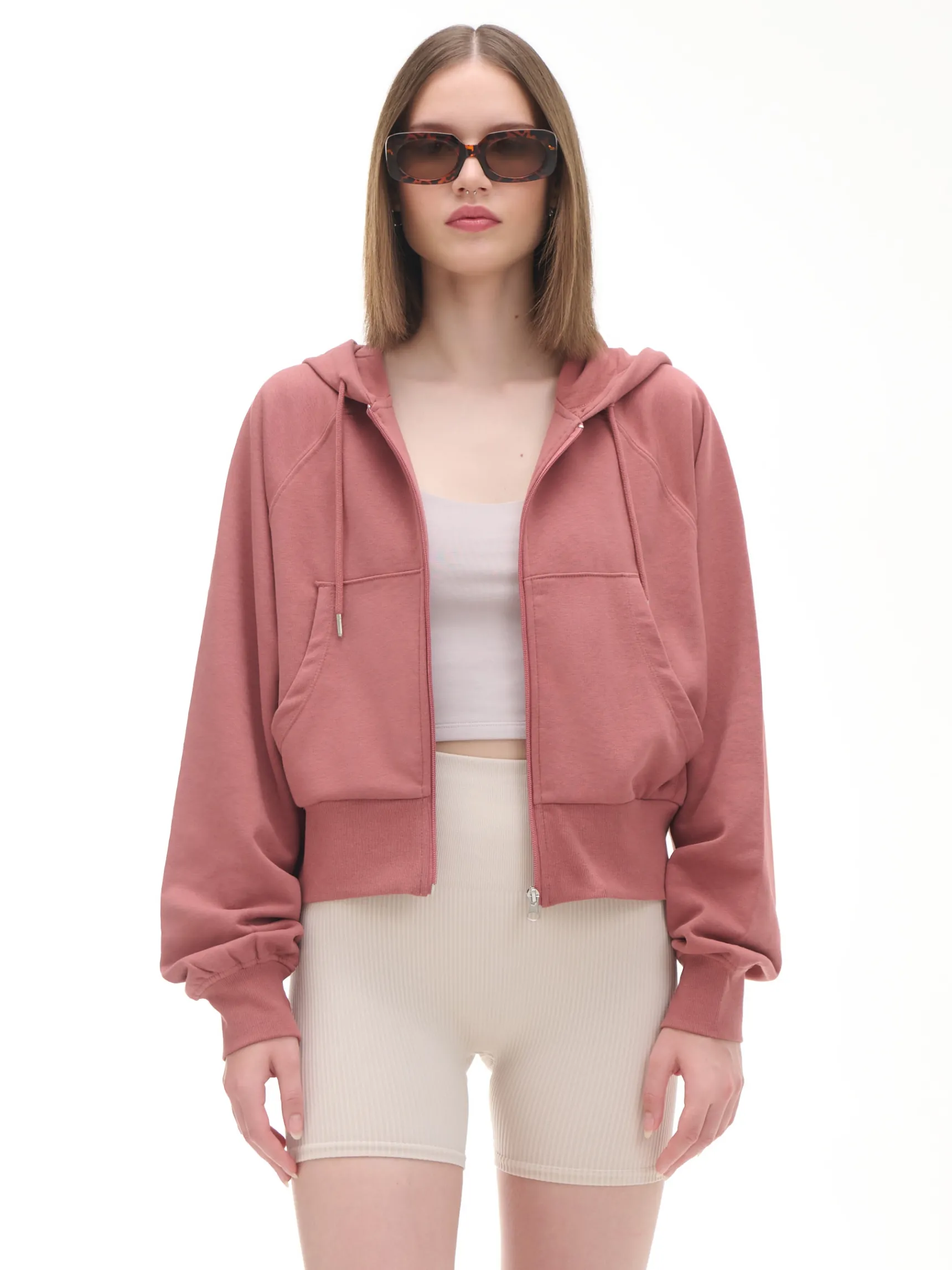 Outlet Cropp Gładka rozpinana bluza z kapturem różowy