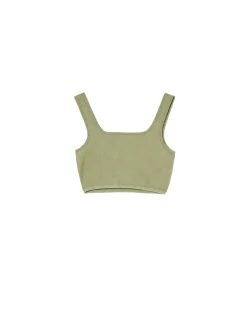 Outlet Cropp Gładki oliwkowy top zielony