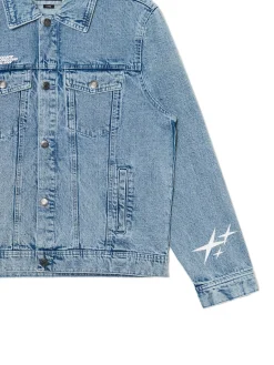 Clearance Cropp Jeansowa kurtka z nadrukami niebieski