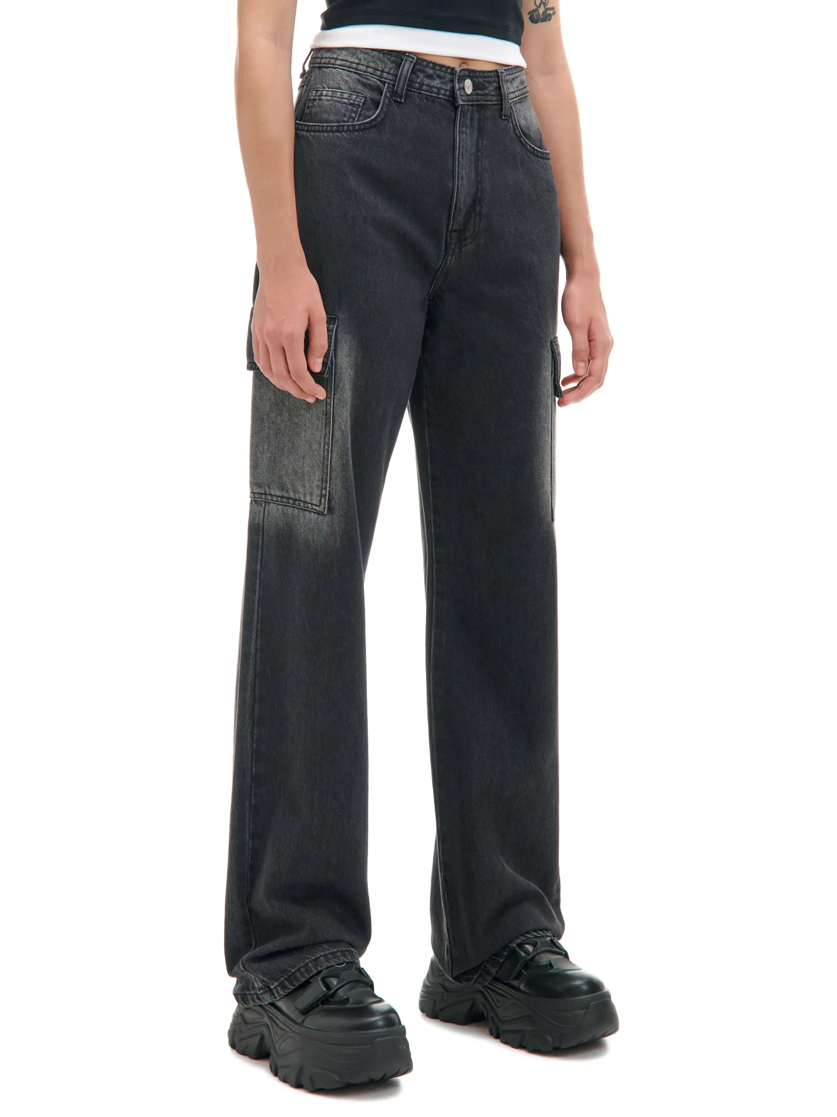 Discount Cropp Jeansy baggy TALL z efektem sprania czarny