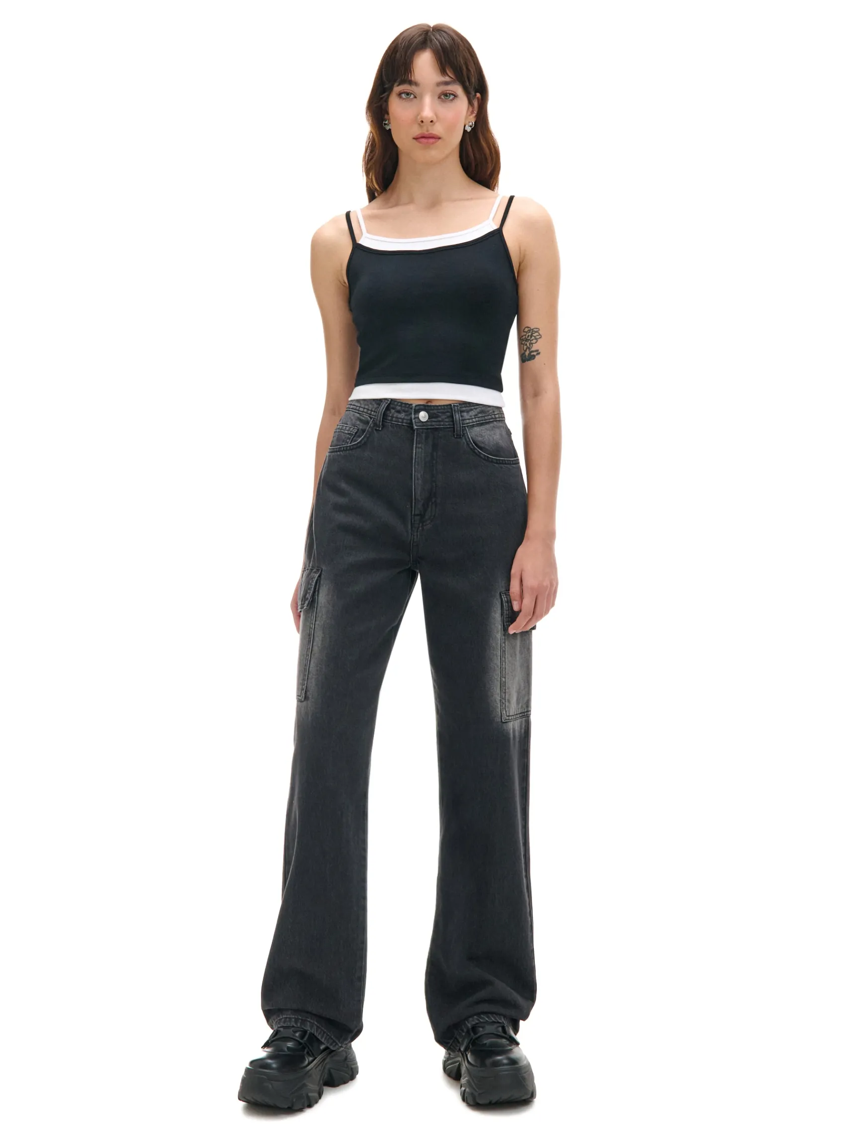 Discount Cropp Jeansy baggy TALL z efektem sprania czarny