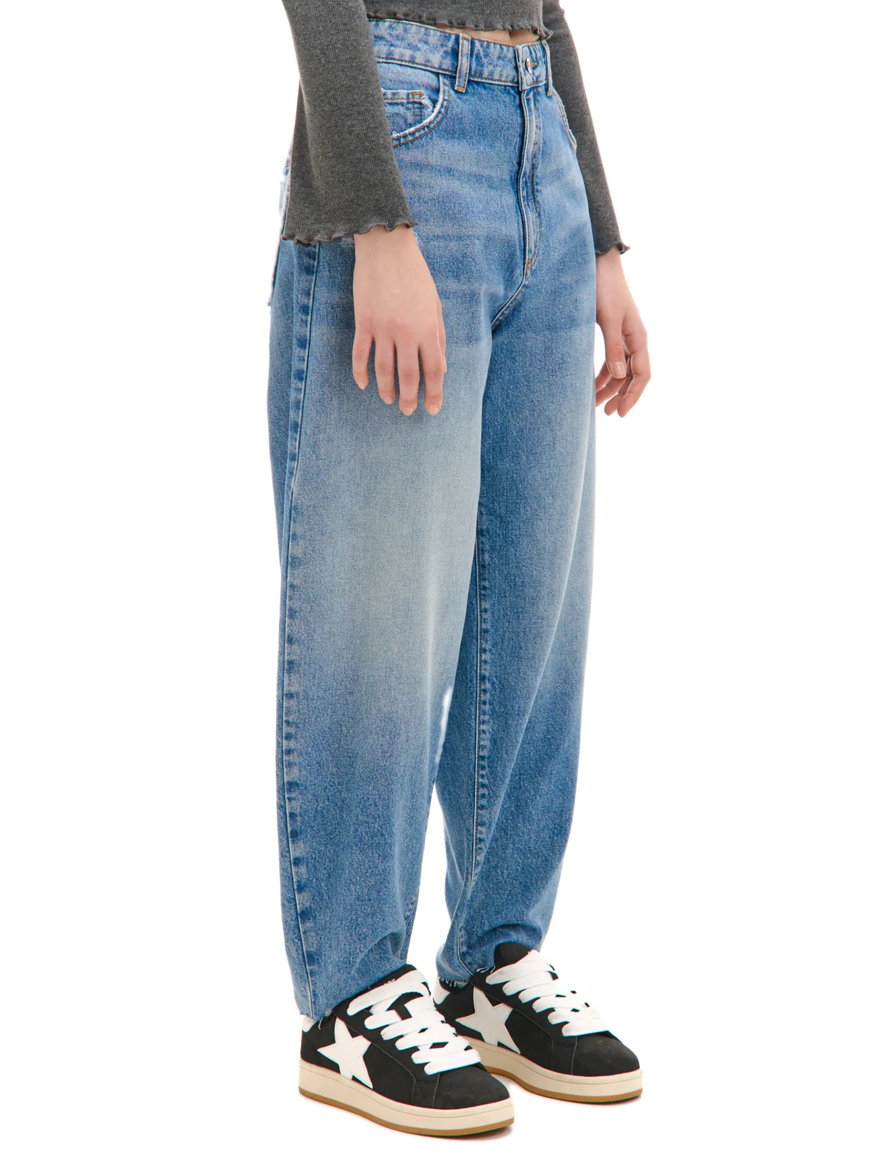 Hot Cropp Jeansy balloon z przetarciami niebieski