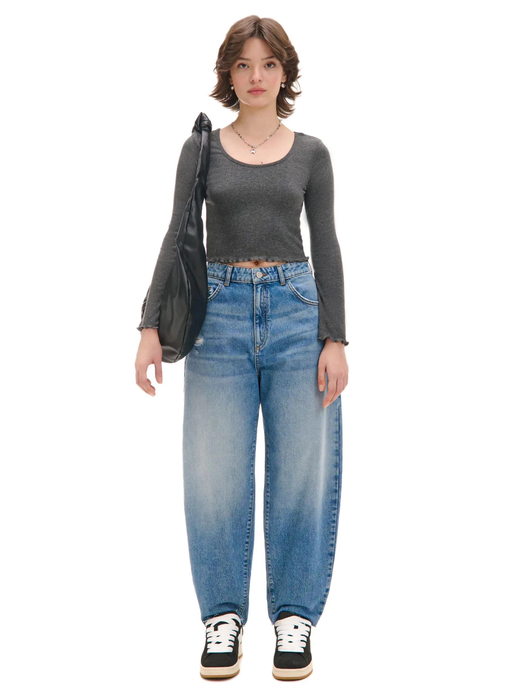 Hot Cropp Jeansy balloon z przetarciami niebieski