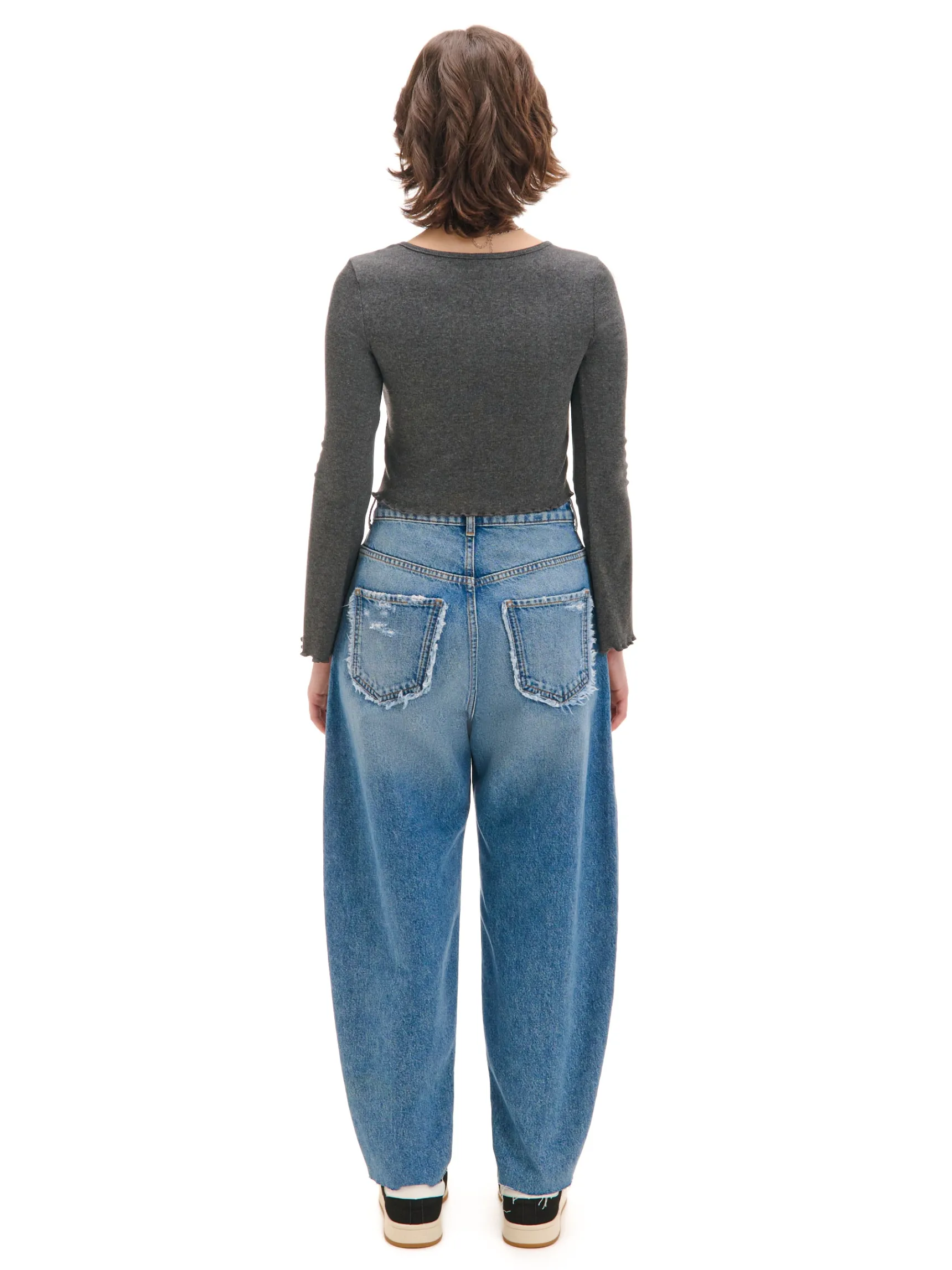 Hot Cropp Jeansy balloon z przetarciami niebieski