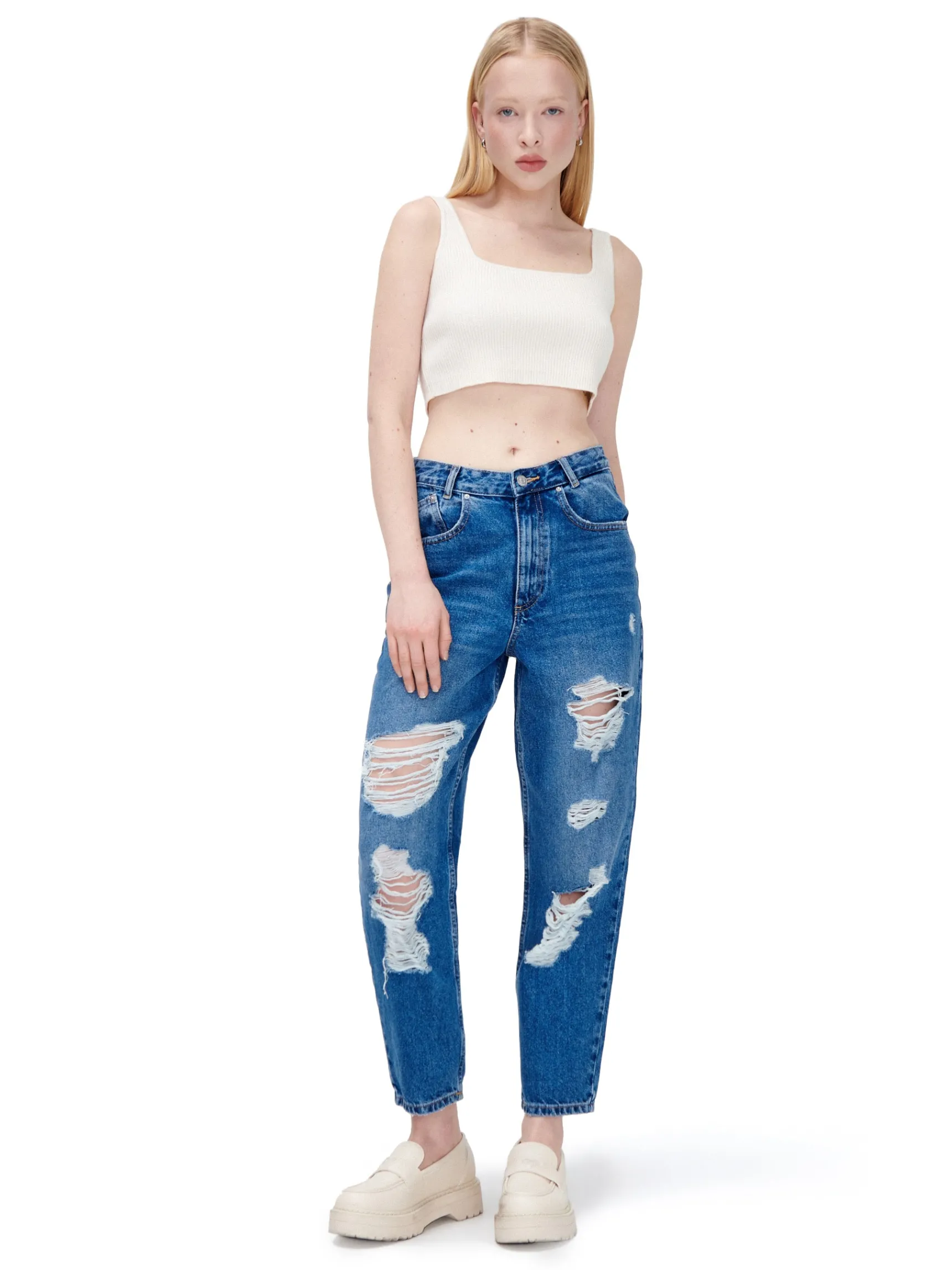 Sale Cropp Jeansy barrel z przetarciami niebieski