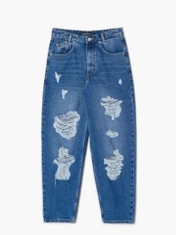 Sale Cropp Jeansy barrel z przetarciami niebieski
