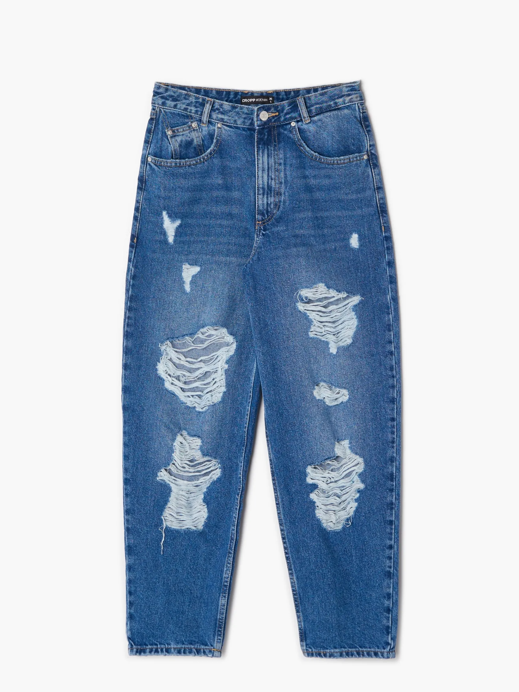 Sale Cropp Jeansy barrel z przetarciami niebieski