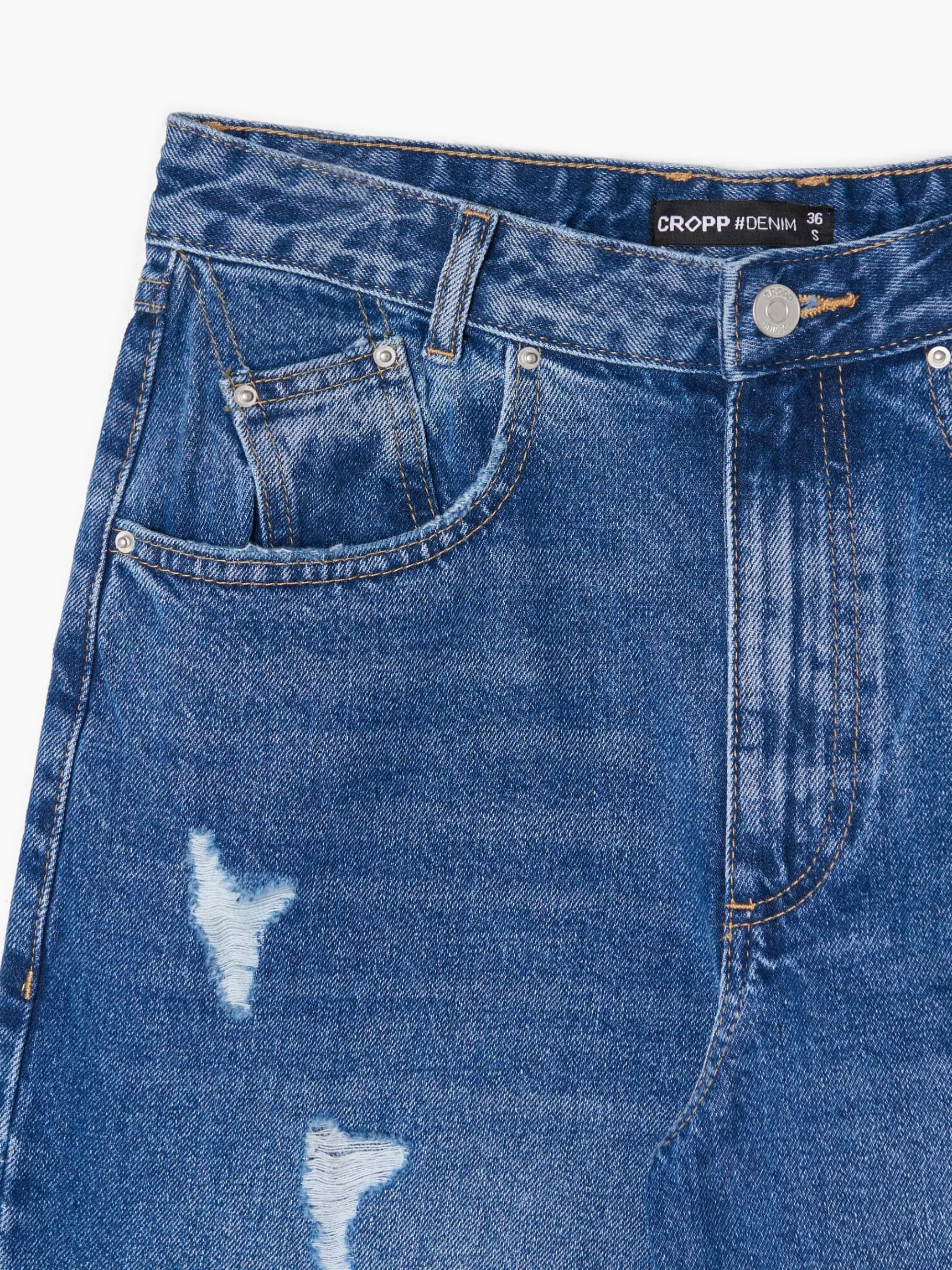 Sale Cropp Jeansy barrel z przetarciami niebieski