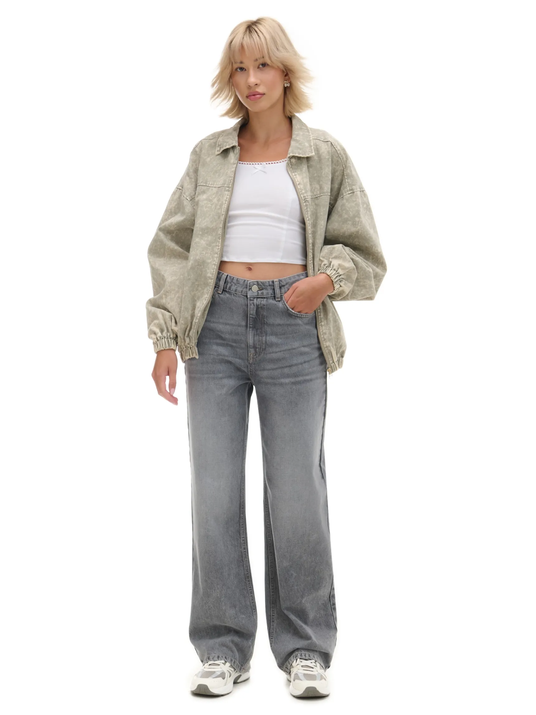 Sale Cropp Jeansy straight z wysokim stanem jasnyszary