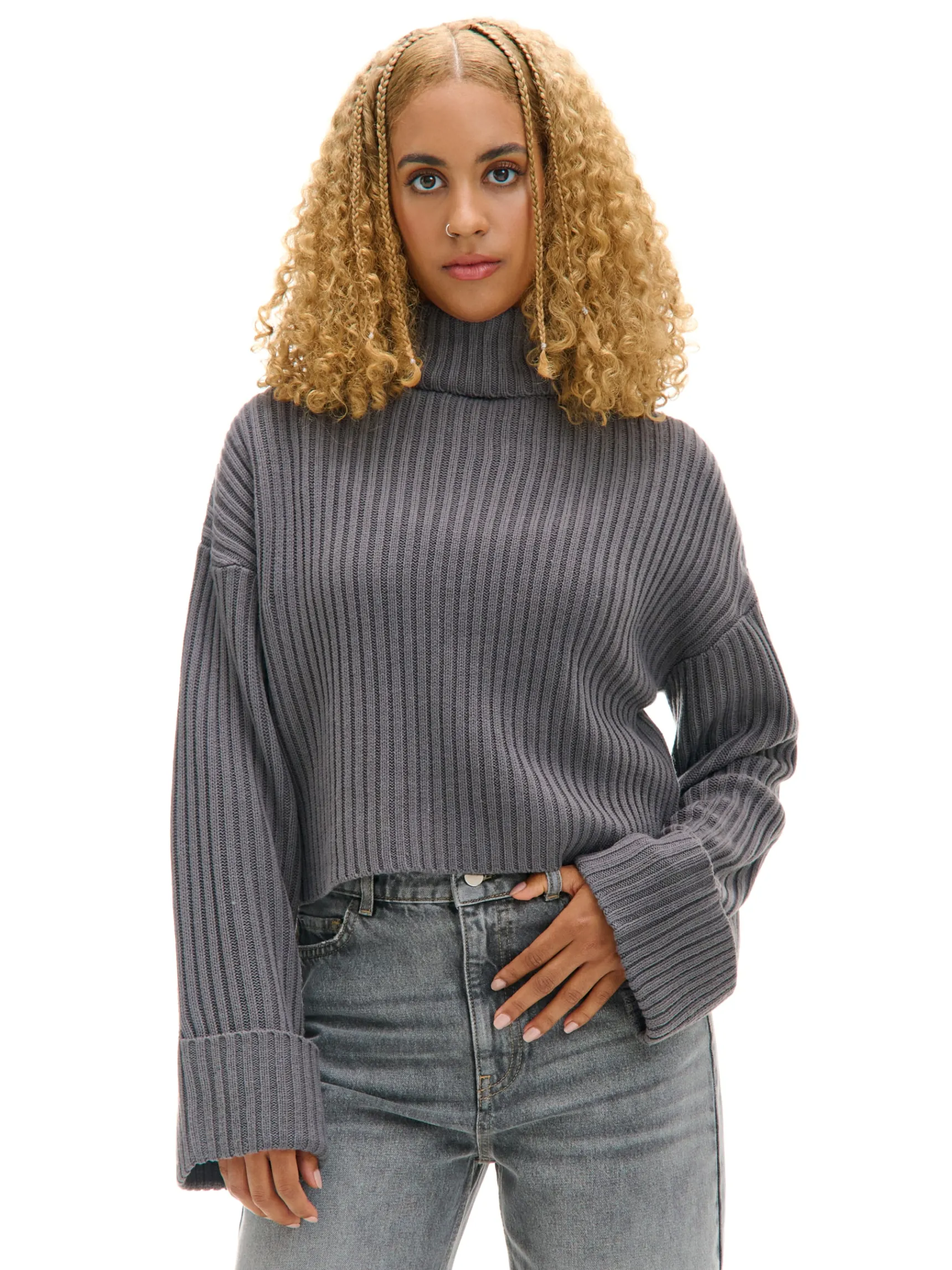 Clearance Cropp Jesienny sweter oversize z golfem szary