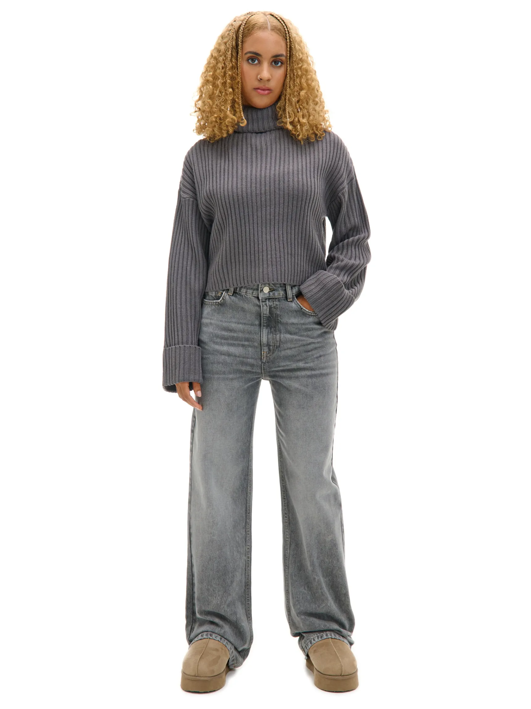 Clearance Cropp Jesienny sweter oversize z golfem szary