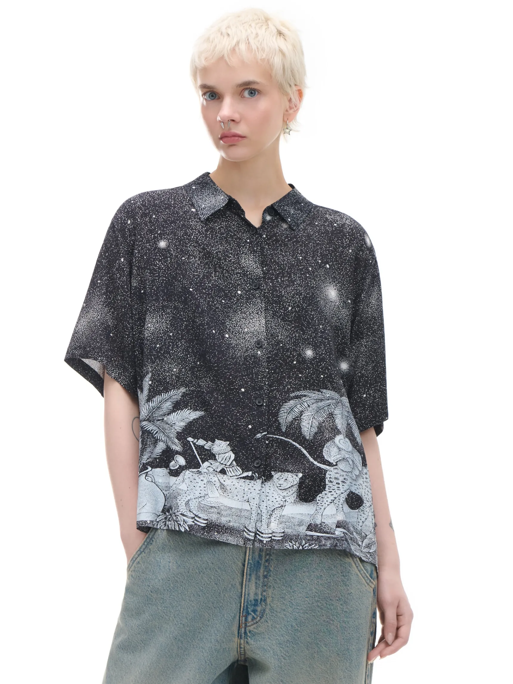 Clearance Cropp Koszula oversize z artystycznym nadrukiem wielobarwny