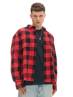 Discount Cropp Koszula w kratę z postrzępieniami czerwony