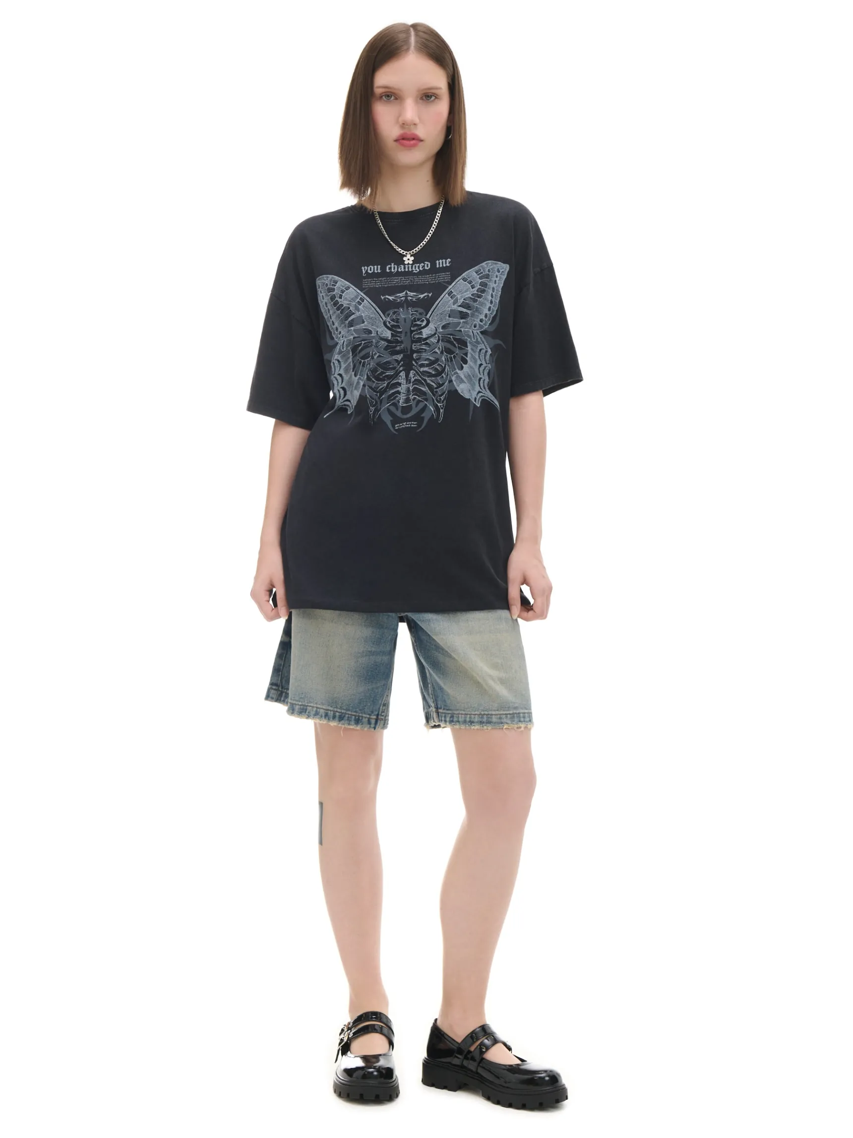 New Cropp Koszulka z motylem UNISEX szary